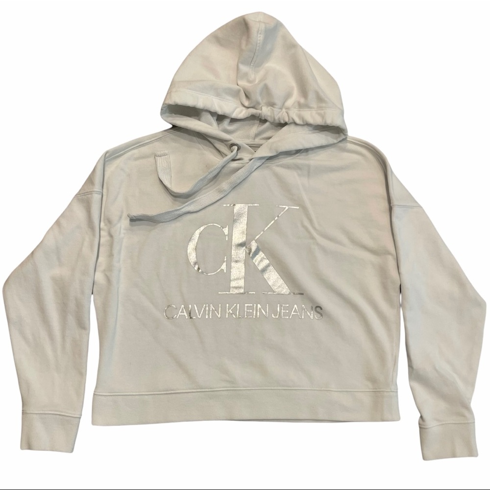 CALVIN KLEIN White Big Logo Cropped Hoodie Size S